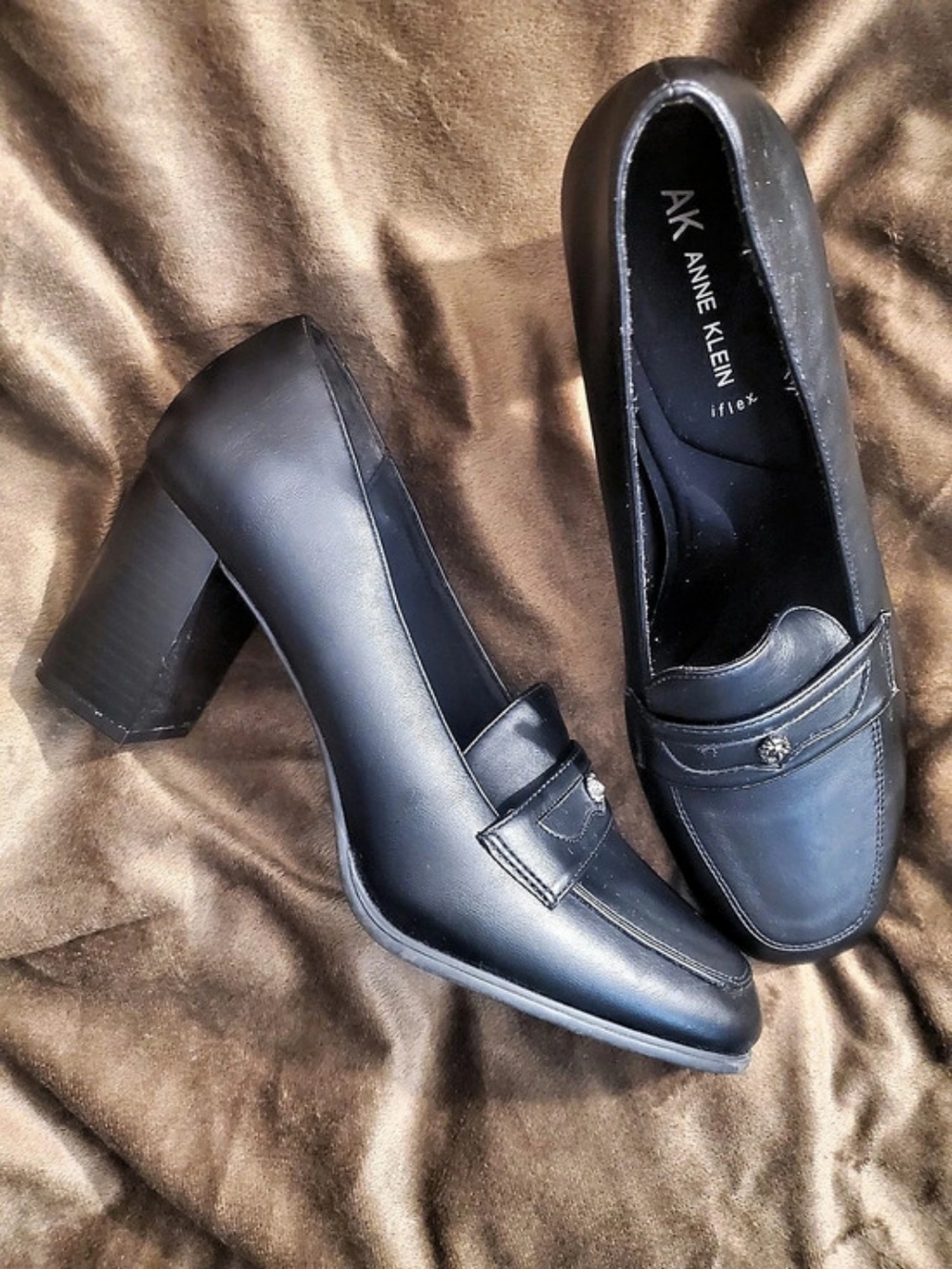 AK Anne Klein Black Block Heel Loafers